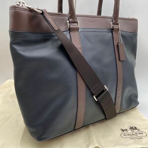 【未使用級】COACH F71562 レキシントン 2WAY 本革 レザー トートバッグ ビジネスバッグ 鞄 コーチ 大容量 ネイビー ブラウン A4 肩掛け