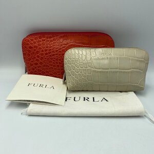 【2点セット】FURLA フルラ コスメポーチセット オレンジ系 ホワイト系 クロコ調 ブランド 服飾雑貨 小物入れ バッグインバッグ