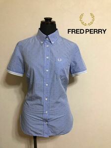 【美品】 FRED PERRY フレッドペリー レディース ボタンダウン 半袖シャツ ドット柄 トップス UKサイズ8 ライトブルー G8751