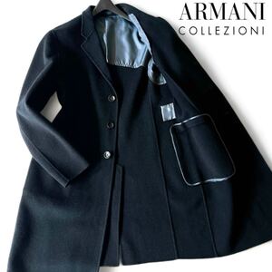 未使用級/希少XL!!【極上カシミヤ】アルマーニコレッツォーニ チェスターコート ロング丈 メルトンウール 黒 ARMANI COLLEZIONI メンズ 50