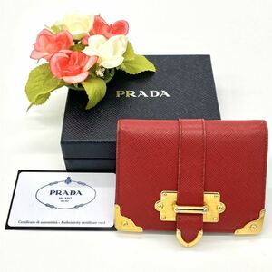 【大特価!!】LADIES PRADA プラダ カイエ 人気モデル 二つ折り財布 レッド×ゴールド ケース付き ブランド 鑑定済み 冬 クリスマス■