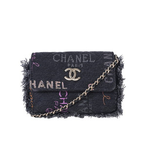 CHANEL 31番台 ロゴプリント ミニマトラッセ デニム チェーンショルダーバッグ シルバー金具 - ブラック シャネル KL4BCLKU52