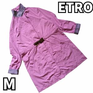 【　訳あり　1円　1スタ　】　ETRO　エトロ　ロング コート ジャケット レインコート レザー カッパ 革ベルト アウター 柄 　ピンク　40　M