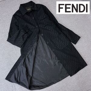 【美品】FENDI フェンディ◇イタリア製 ズッカ柄 ポリエステル ロングコート レディース ブラック系 黒色系