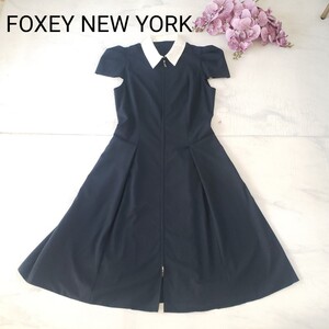 FOXEY NEW YORK 襟付き ジップアップ フレアーワンピース 濃紺