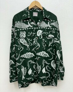 良品 日本製 90s Vintage Riviera リビエラ 魚 クラゲ 貝総柄 レーヨン 長袖 アロハシャツ L相当 メンズ ハワイアンシャツ/東洋/サンサーフ