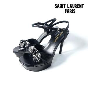 美品 SAINT LAURENT PARIS サンローランパリ 35 約22㎝ レザー ビジュー リボン ストラップ オープントゥ ハイヒール サンダル パンプス 黒