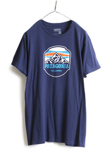 限定 USA製 ■ パタゴニア パウダー ピークス プリント 半袖 Tシャツ メンズ L 古着 Patagonia アウトドア グラフィック スリムフィット 紺