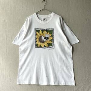 カナダ製 90s FRUIT OF THE LOOM Tシャツ / XL コットン ひまわり ホワイト 半袖 ビンテージ USA T4-07001-8550