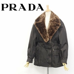 美品◆PRADA プラダ ビーバーファー レザー使い 中綿ライナー付 ウエストマーク ベルテッド ナイロン コート ダークブラウン L