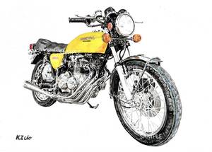 Ａ４プリントです　ホンダCB400FOUR ヨンフォア　黄色　水彩画　　バイクイラスト　　　