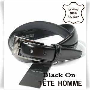 新品1円～★定価0.9万 Black On TETE HOMME テットオム 牛革レザー ビジネスベルト フリーサイズ 本革 黒 ブラック 本物◆2887◆