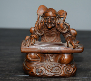 ▽鴻▽ 黄楊木製 細密彫 長眉羅漢 置物 古賞物 中国古玩 中国古美術