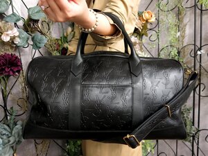 超美品●YSL Yves Saint-Laurent イヴ・サンローラン●総柄●PVC カーフ レザー 本革●2way ボストン バッグ●黒●G金具●大容量●Js53660