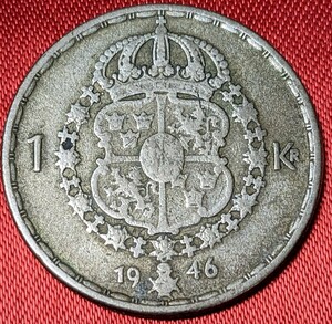 スウェーデン　1クローナ銀貨　1946年TS　 【発行年ズレエラー】　グスタク5世　　玉ちゃんNo.2020