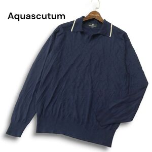 美品★ Aquascutum アクアスキュータム 絹 シルク混 ウール★ ダイヤ柄 スキッパー ニット セーター Sz.L　メンズ 紺 日本製　A4T10566_A#K