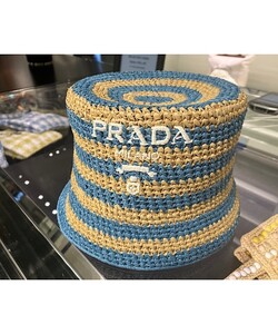 プラダ PRADA ラフィア バケットハット 帽子 ライトブルー ★新品