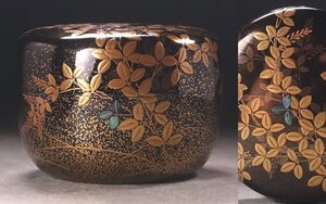 ∇花∇最高級輪島漆器【高崎秀峰】作 輪島塗 平目地萩蒔絵平棗 共箱付 内梨子地