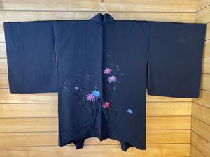 美品！　刺繍　中羽織　正絹　羽織　袷　花柄　黒無地