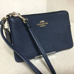 超美品（送料込）コーチ■リストレット ポーチ レザー ミッドナイト ダークネイビー COACH