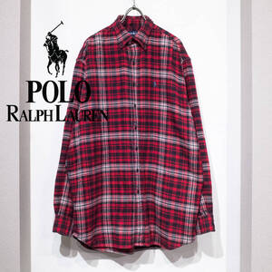 XL / 90s POLO RALPH LAUREN ポロ ラルフローレン フランネル BD シャツ 厚手 赤 チェック柄 小襟 アメカジ 古着 アウトドア メンズ 