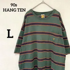 【希少】90s HANG TEN Tシャツ ボーダー 刺繍 ポケット 緑 L