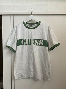 【個性派古着】GUESS レア！ゲス　半袖　リンガーネックTシャツ　白×緑　ユニセックス Mサイズ