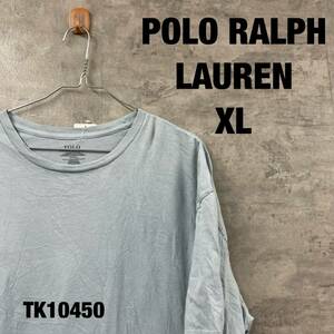 POLO RALPH LAUREN ポロラルフローレン Tシャツ ライトブルー 半袖 クルーネック メンズ XL 無地 裾ロゴ USA 海外輸入 古着 TK10450