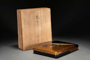 【善古堂】某有名オークション買入 江戸～明治 鳥文金蒔絵硯箱 在銘 銀縁 書道具セット入り 骨董品 古美術0510-75S7