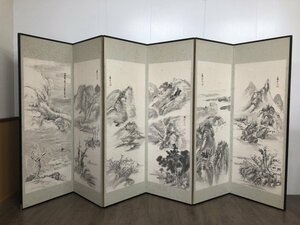 N004【真作】谷口藹山「水墨山水 六曲一隻屏風」 文人画家 谷文晁師事 明治時代 富山の人