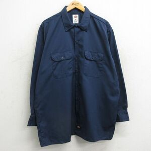 XL/古着 ディッキーズ Dickies 長袖 ワーク シャツ メンズ 大きいサイズ ロング丈 紺 ネイビー 24feb15 中古 トップス