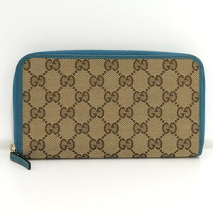 【中古】GUCCI ラウンドファスナー 長財布 GGキャンバス ベージュ ターコイズブルー 363423