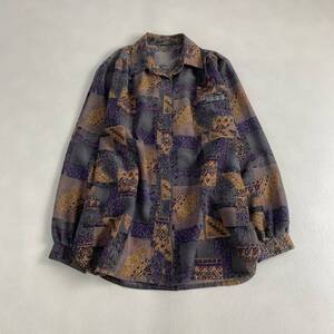 ブラウス　柄　レトロ　紫　美品　90s　グレー　茶