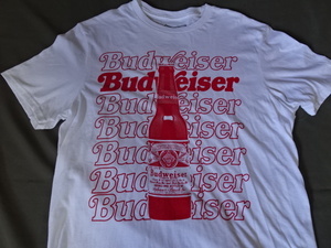 USA購入 人気アメリカンビアブランド 【KING OF BEER】バドワイザー【Budweiser】ボトルイラスト ロゴプリント入りTシャツUS M ホワイト