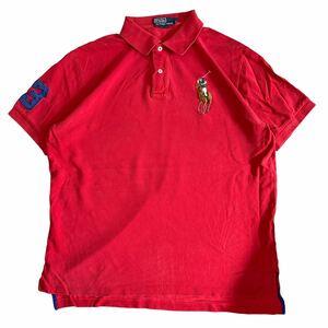 90s POLO RALPH LAUREN 半袖 ポロシャツ L レッド ワンポイント ビッグポニー ロゴ 刺繍 ポロ ラルフローレン ヴィンテージ