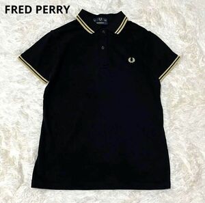 FRED PERRY フレッドペリー ポロシャツ ロゴ刺繍 黒×金 イングランド製 月桂樹 綿 コットン100% メンズ ブラック 38