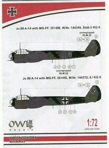 1/72 オウルデカール　ユンカース Ju 88 A-14　MG FF装備 KG 6