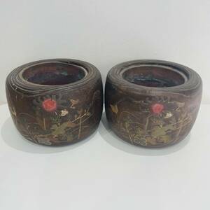 NA9158 火鉢 2点 まとめ 木製 花模様 蒔絵 草花 工芸品 手炙り 茶道具 骨董 古民具 古道具 伝統工芸 時代物 アンティーク レトロ 検M