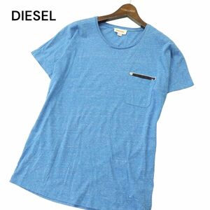 DIESEL ディーゼル 春夏 ロゴ★ レーヨン混 ネップ 半袖 ポケット カットソー Tシャツ ポケT Sz.L　メンズ 水色 青系　A4T04384_4#D