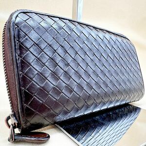 極美品●ボッテガヴェネタ BOTTEGA VENETA 長財布 ジッピーウォレット wallet イントレチャート メンズ ダークブラウン レザー ファスナー