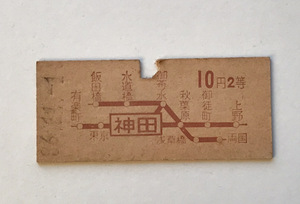 昔の切符　きっぷ　硬券　乗車券　神田駅発行　神田から10円2等　サイズ：約2.5×約5.8㎝　S36　　HF5624　　　くるり岸田繁