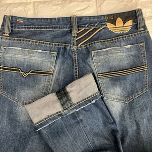 DIESEL×adidas　コラボ　デニムパンツ　スリーライン　ゴールド刺繍　ディーゼル　アディダス　大きいサイズ　W36　ジーパン　ジーンズ