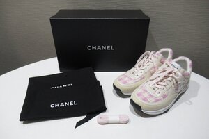 CHANEL シャネル 2023SS G38299 ローカット スニーカー #39 24.5cm ツイード ピンク BOX付 中古 Aランク BRB・バッグ・財布