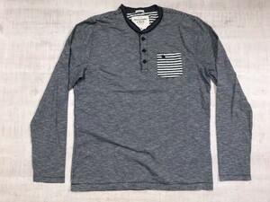 アバクロンビー＆フィッチ Abercrombie&Fitch ヘンリーネック 細ボーダー カットソー 長袖Tシャツ ロンT メンズ コットン混 S 紺