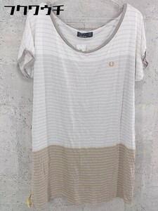 ◇ FRED PERRY ボーダー フレンチスリーブ ロング Tシャツ カットソー サイズUK 12 EU 40 ホワイト ベージュ系 レディース