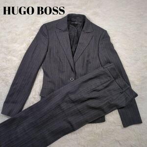 HUGO BOSS ヒューゴボス レディース セットアップ パンツスーツ ダークグレー 9号相当 ウール100％ 上下セット パンツゆったりめ 