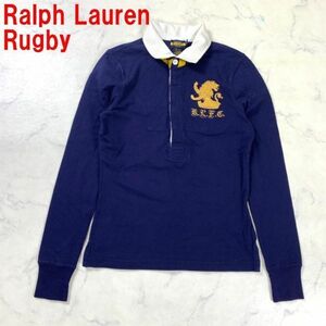 A1710 ラルフローレンラグビー 長袖ポロシャツ 綿 刺繍 紺Ralph Lauren Rugby コットン ネイビー ビッグロゴ ワンポイント S