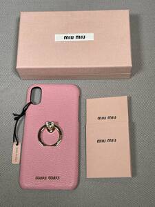 新品 未使用 miumiu iPhone X XS スマホ ケース iPhoneケース ミュウミュウ ロゴ レザー 本革 ピンク スマホリング ビジュー