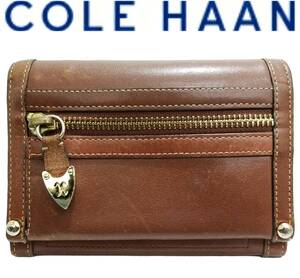 送料450円～ COLE HAAN 二つ折り 財布 ブラウン パス入れ ファスナー小銭入れ コンパクト 本革 レザー 茶×ゴールド金具 コールハーン