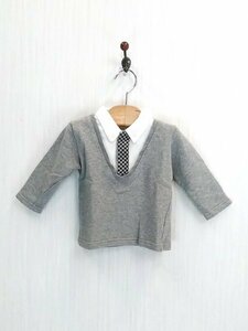 KU0038 ○送料無料 古着 KIDS FASHION STATION キッズファッション 長袖 シャツ サイズ80cm グレー フェイクネクタイ付 重ね着風